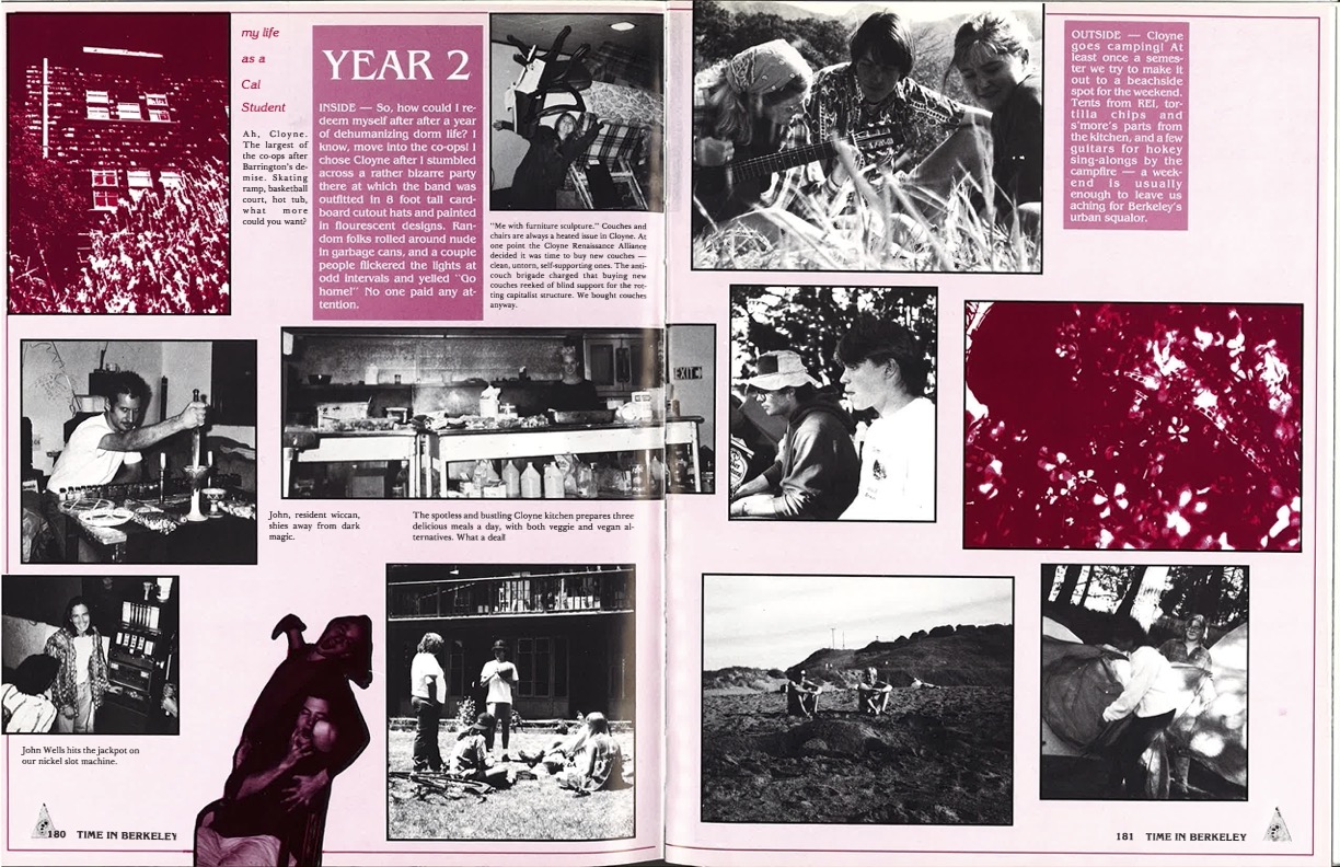 A page from a past UC Berkeley yearbook featuring images of students and stories of student life.
