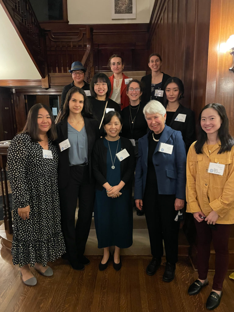 Chancellor Christ and Faculty Award winner Professor Grace X. Gu posing with Prytanean alumnae and Honor Society members. 