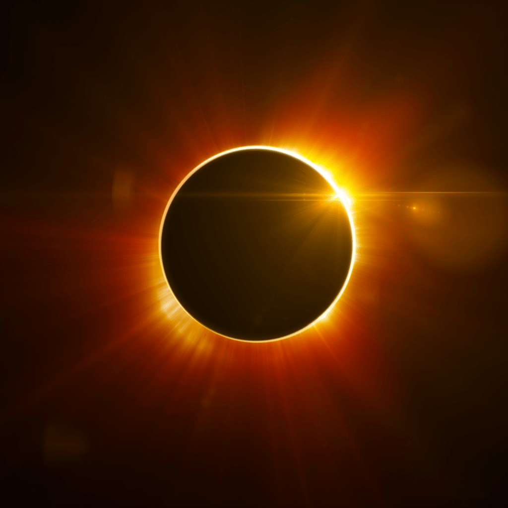 The moon passes between the sun and earth, completely blocking the face of the sun, during a total solar eclipse