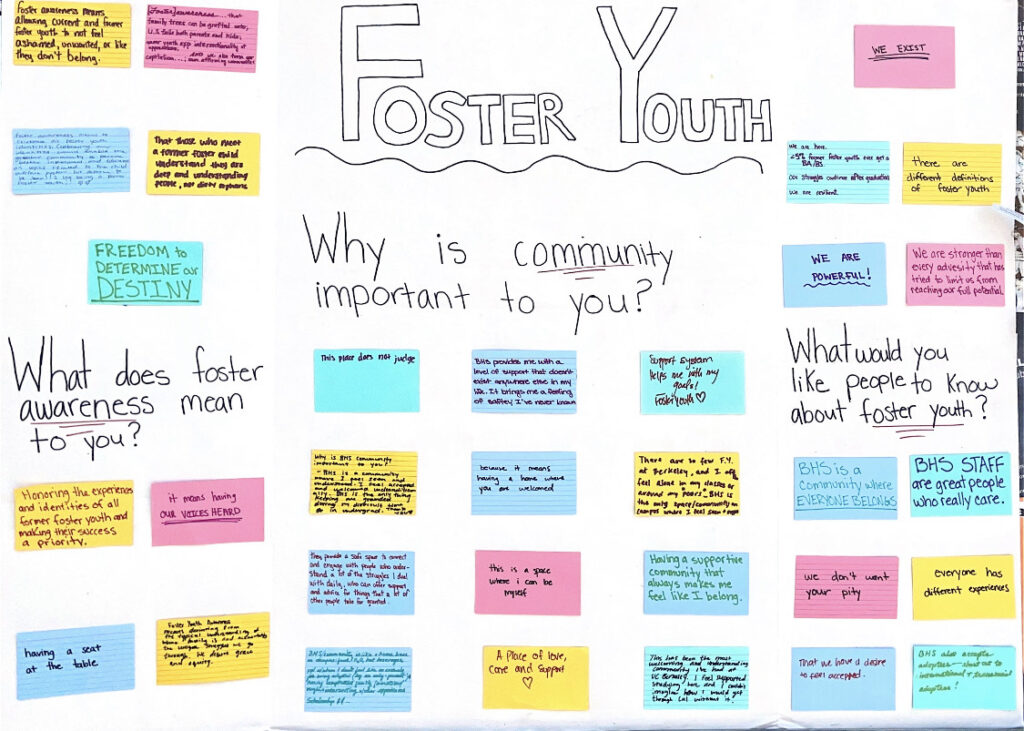 Alishba Sardar's poster board, featuring post-it notes with real stories from foster youth. 