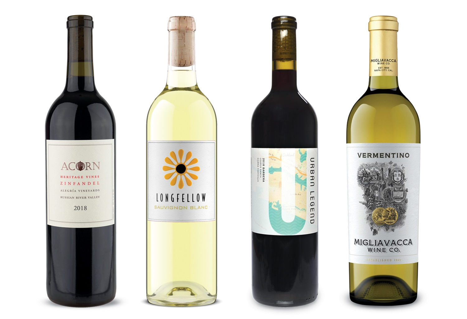 4 wine bottles: Acorn Winery 2018 Zinfandel, LONGFELLOW WINE COMPANY 2020 Sauvignon Blanc, URBAN LEGEND CELLARS 2018 Barbera, MIGLIAVACCA WINE COMPANY 2019 Vermentino