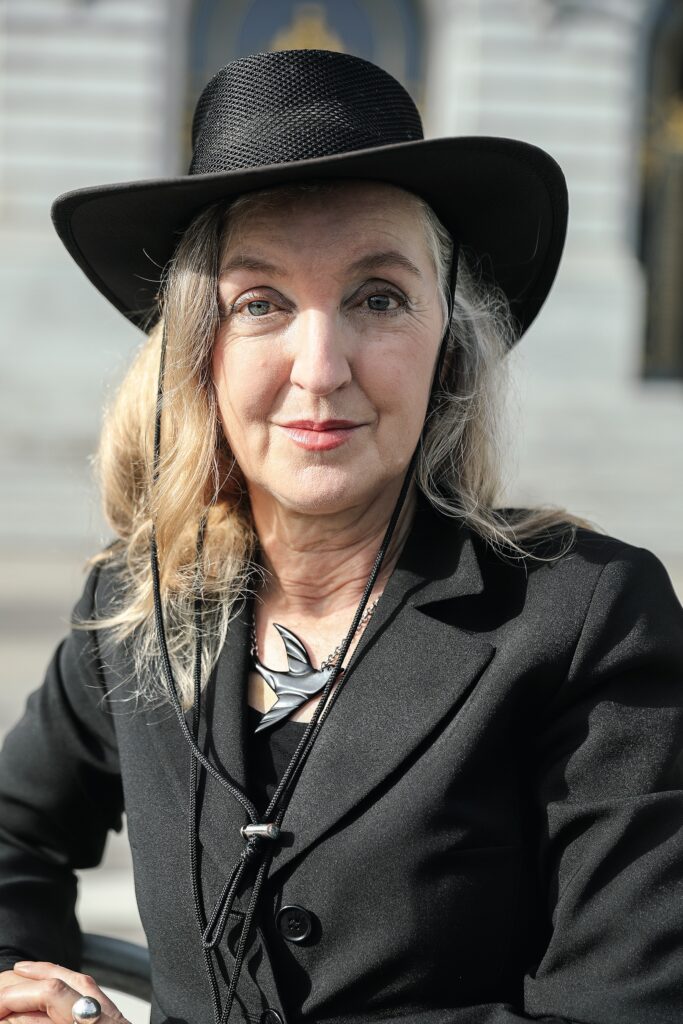 Writer and activist Rebecca Solnit poses for a photo during the San Francisco Women's March at Civic Center Plaza on January 19, 2019 in San Francisco, California.  
