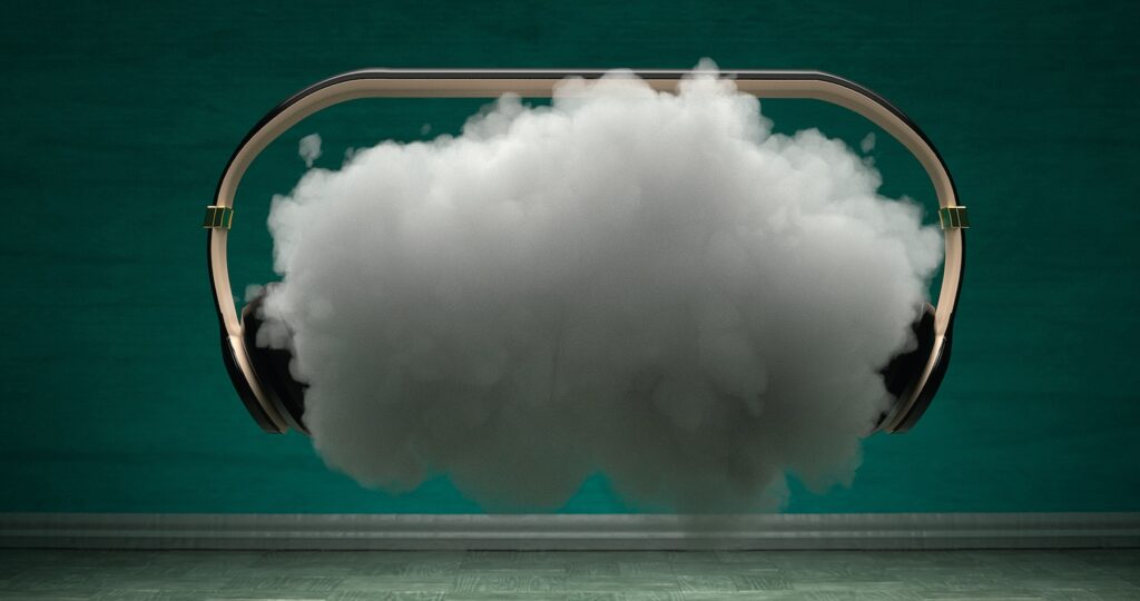 Cloud in headphones in room. 3d-rendering illustration