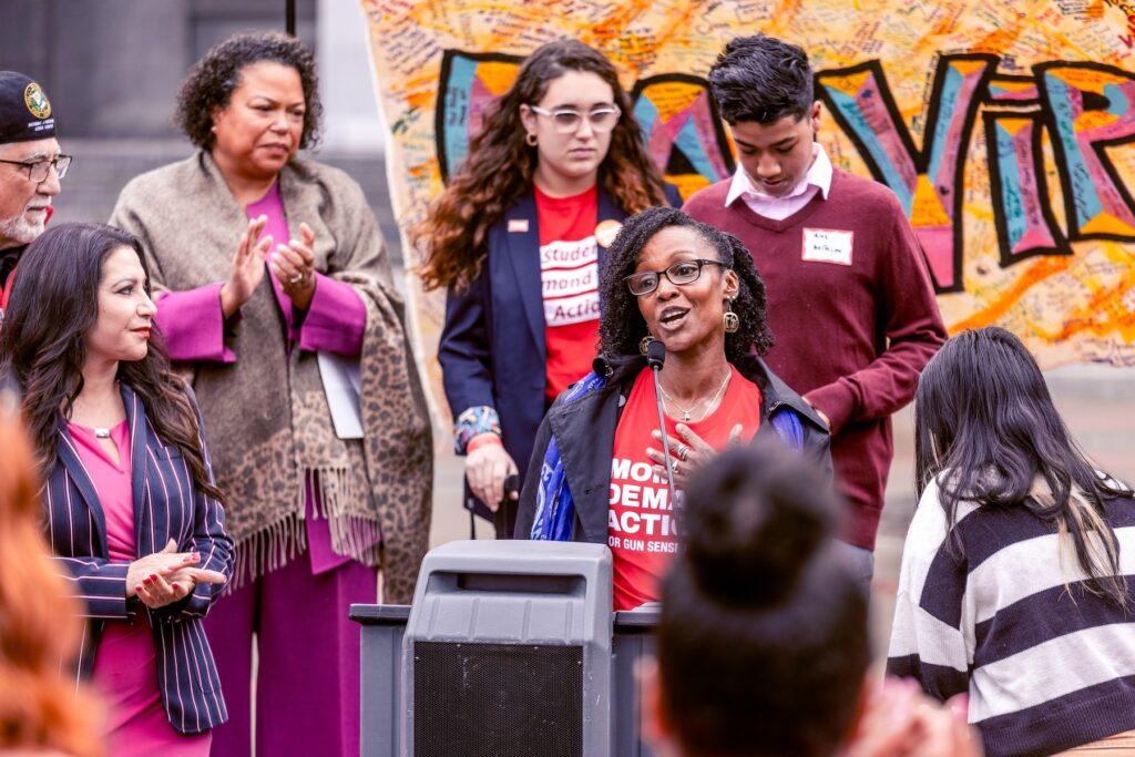 Renia Webb, a gun violence survivor from Oakland speaks in support of AB 28 at a Moms Demand Action Advocacy Day at the Capitol in March.