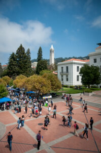 A view of Sproul Plaza with the Campanile in the background. 