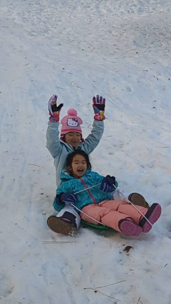 Two kids sledding