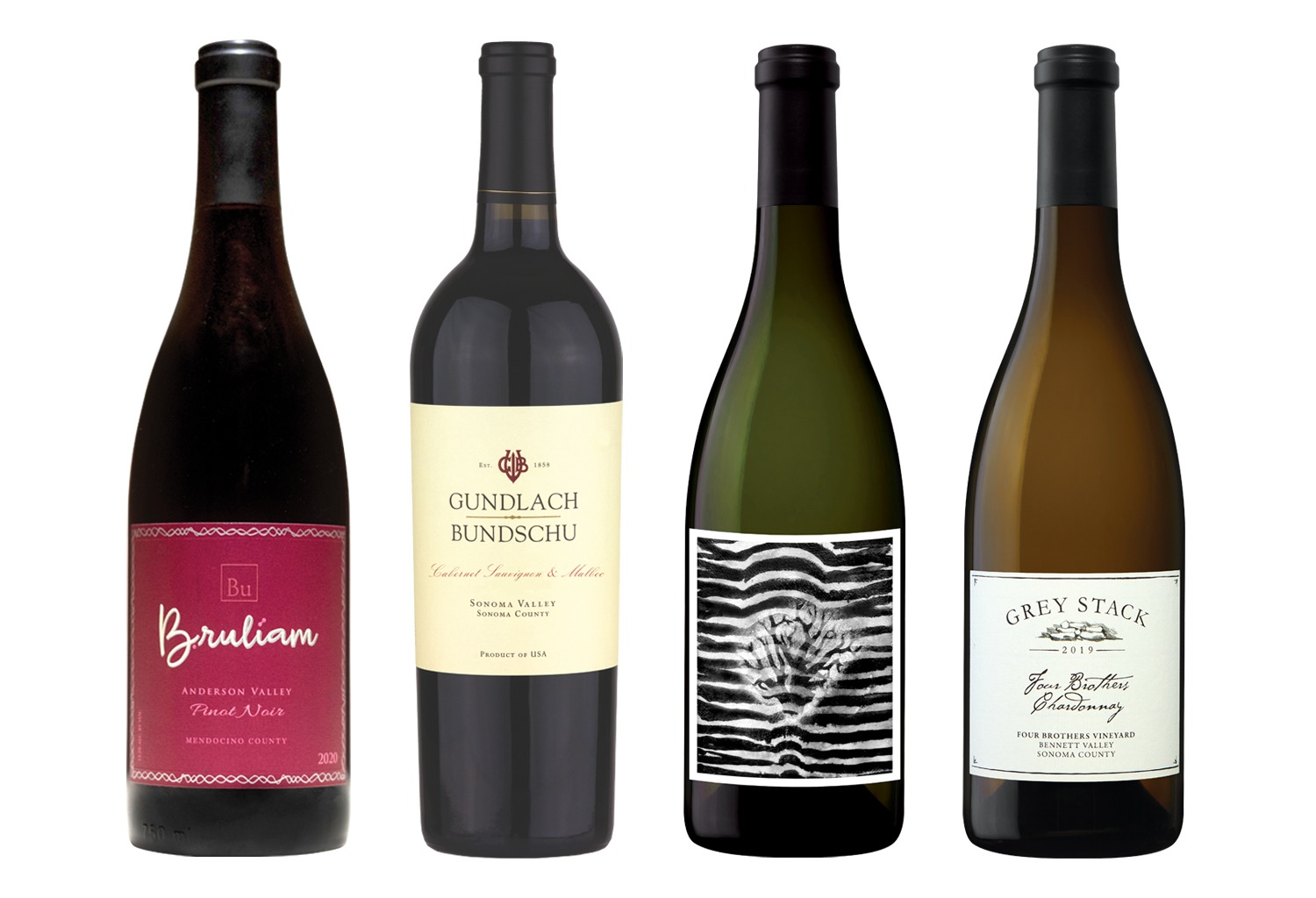 4 wine bottles: Bruliam 2020 Anderson Valley Pinot Noir, Gundlach Bundschu 2021 Cabernet Malbec Blend, Caleb Leisure 2021 Obelus, and Four Brothers 2019 Chardonnay