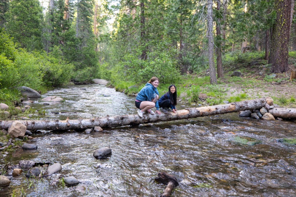 two girls crouched squatting on a log over a rushing creek