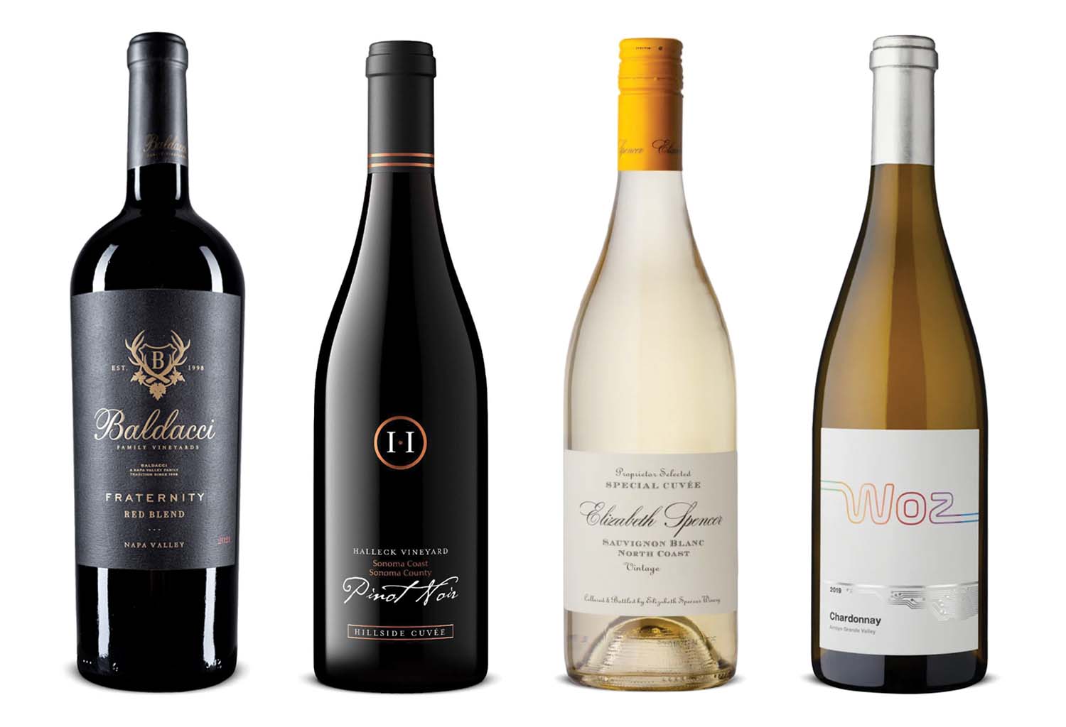 4 wine bottles, 2021 Fraternity Red Blend, 2019 Hillside Cuvée Pinot Noir, 2022 North Coast Sauvignon Blanc, Woz 2019 Chardonnay