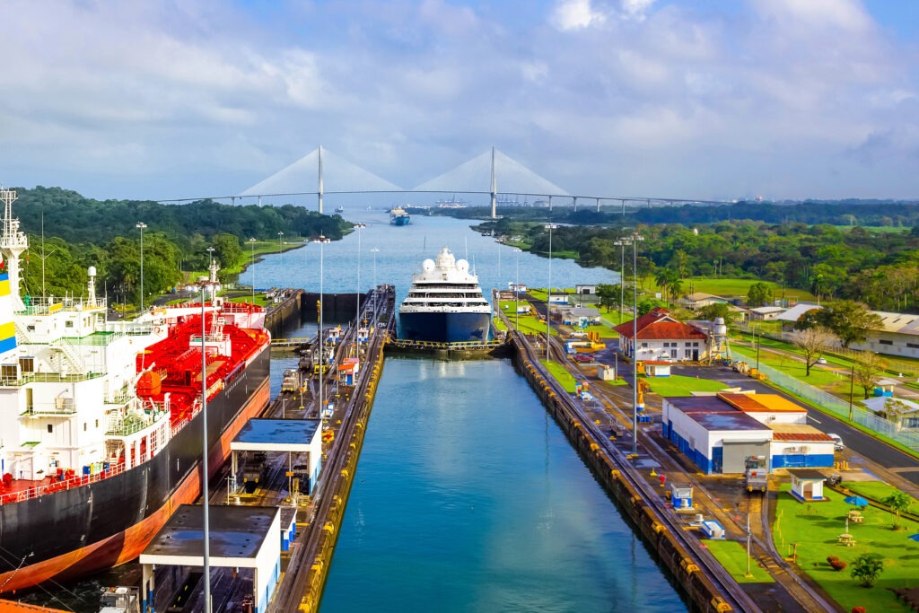 A ship enters a lock on the Panama Canal