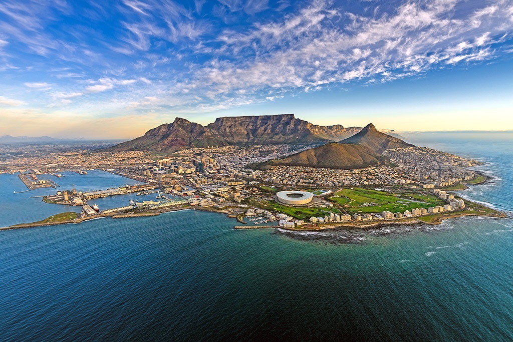 An aerial, panoramic view of Cape Town and its waterfront