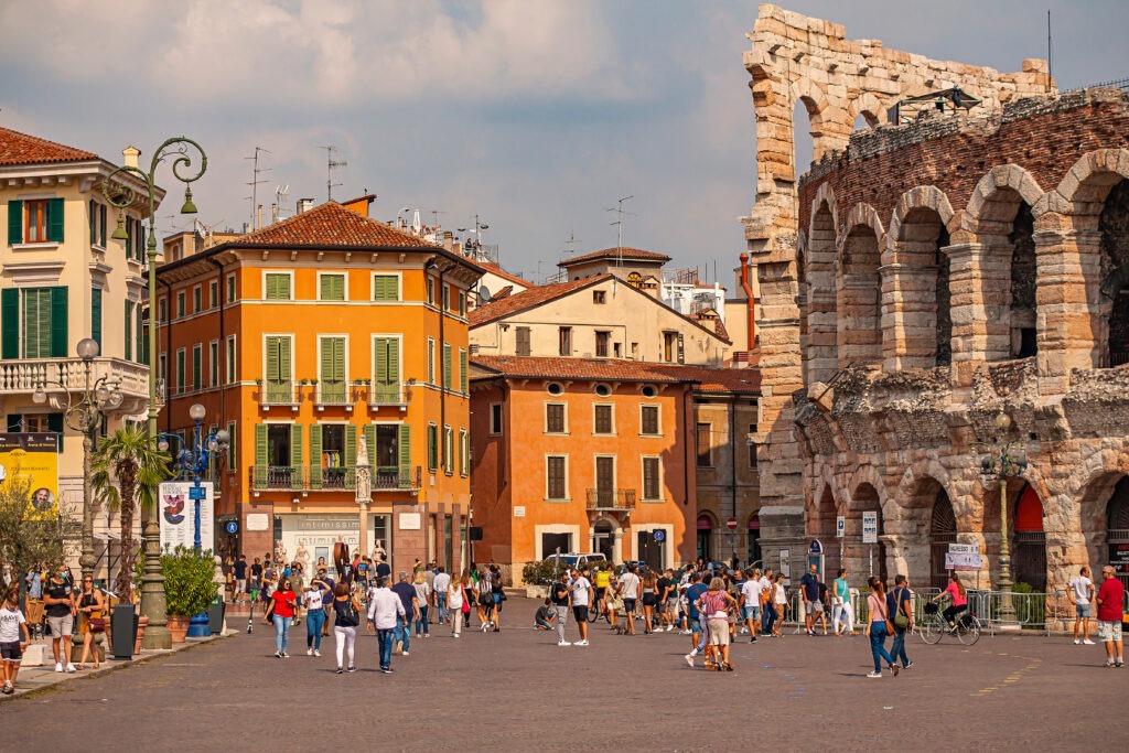 Piazza Bra in Verona in Italy at sunset