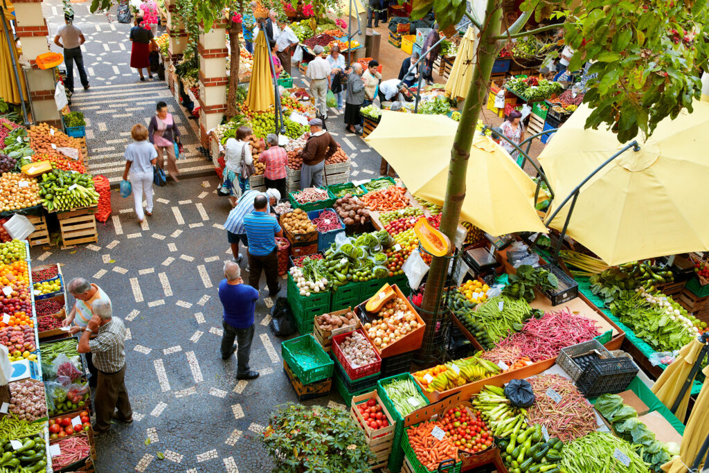 aerial view of colorful and bustling produce market