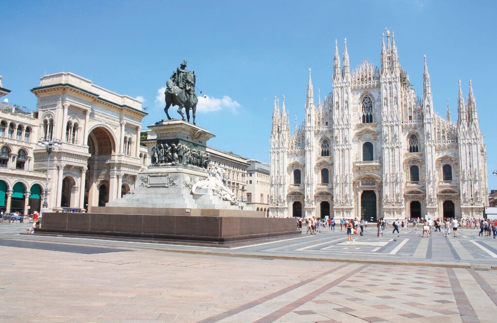 spired cathedral in Milan's main piazza