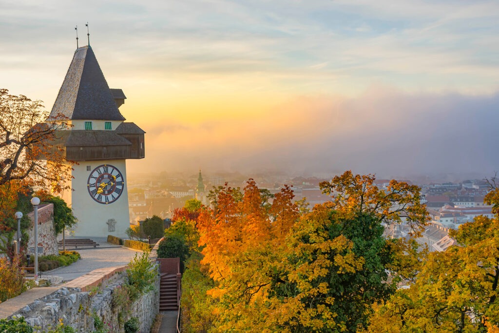 Beautiful foggy morning over the city of Graz, in autumn