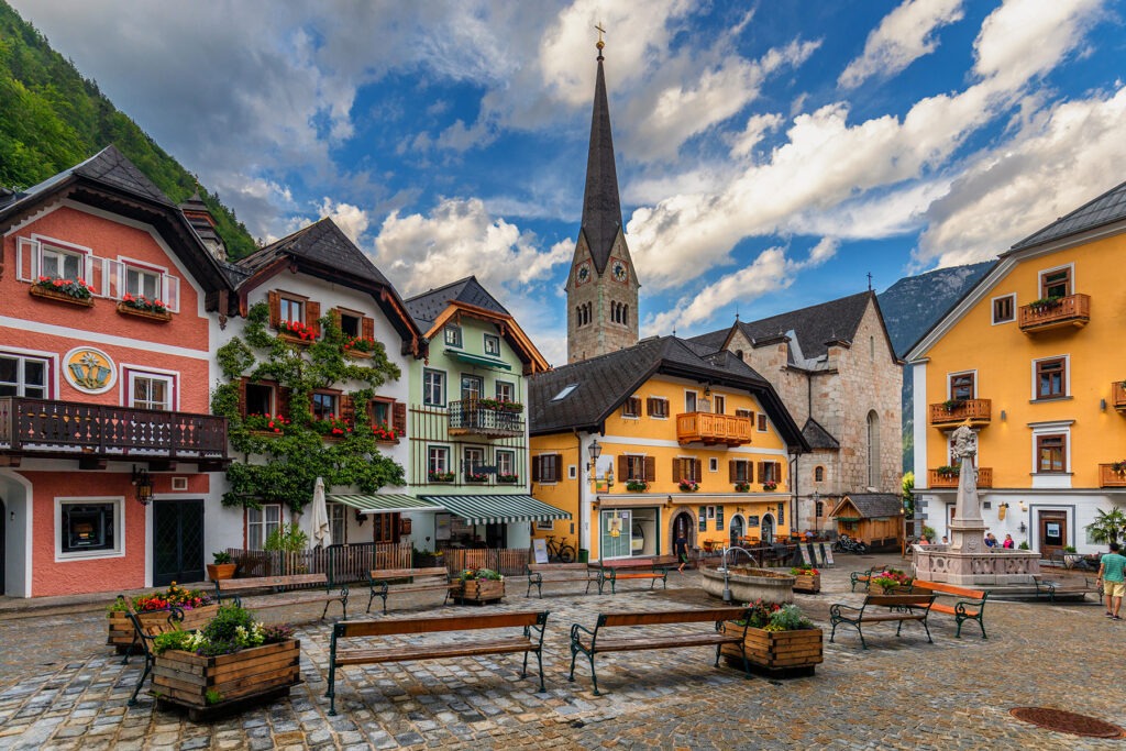 a town square in the village of Hallstatt