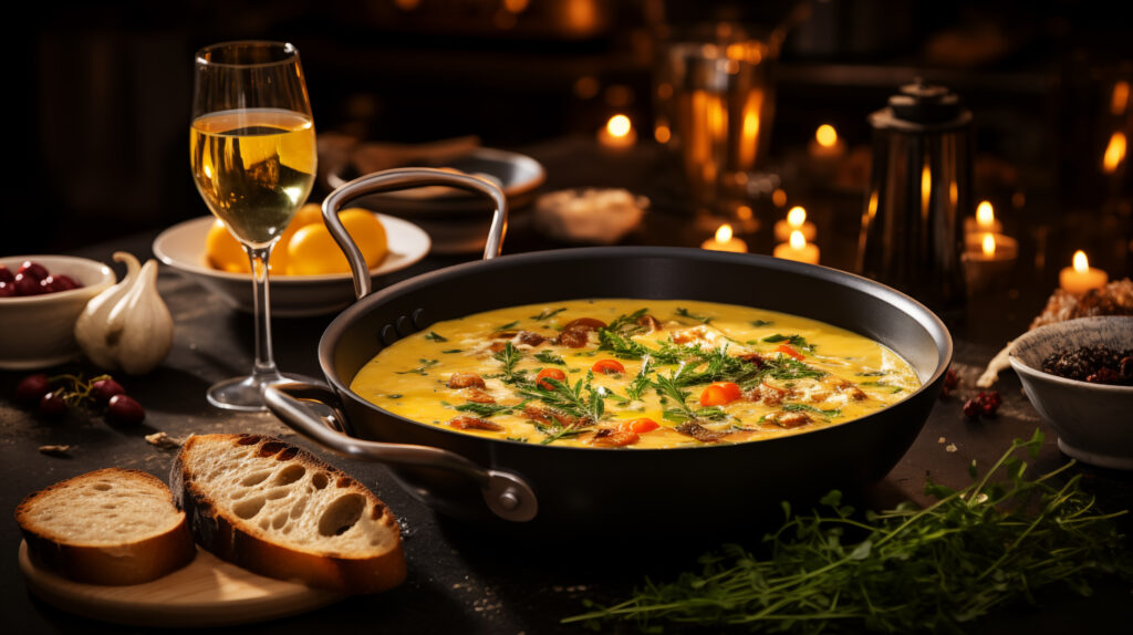 soup in a cast-iron saucepan with spices on a wooden table with glasses of sparkling white wine