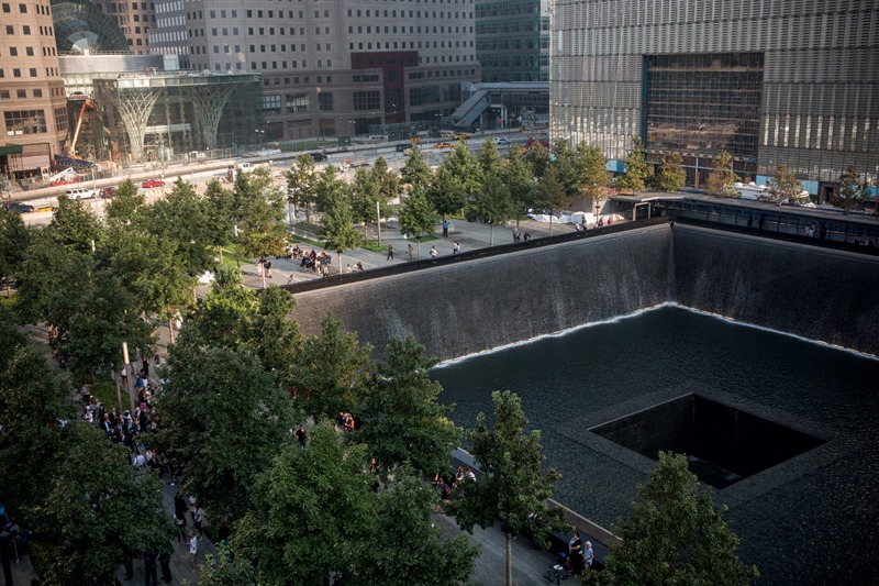 An aerial view of the 9/11 Memorial in Manhattan. 