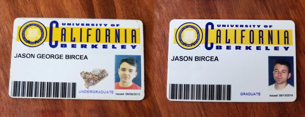Jason Bircea’s undergraduate and graduate UC Berkeley student ID cards