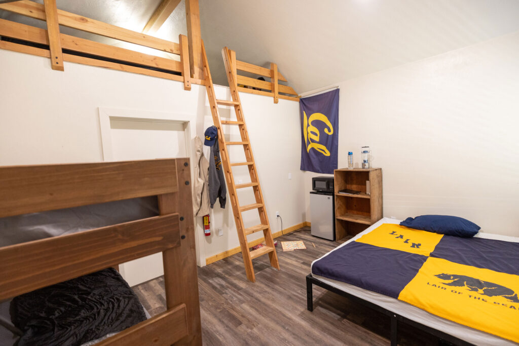 cabin main room with queen bed, microwave, and ladder to loft