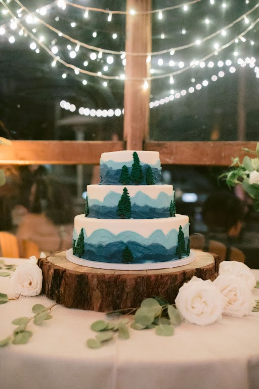 Close up of a wedding cake decorated with mountains