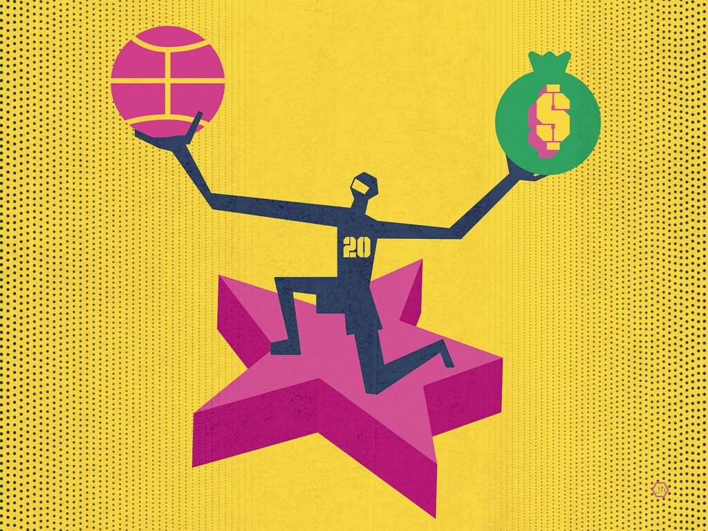 Illustration of a figure holding a basketball in one hand and a green money bag with a dollar sign in the other