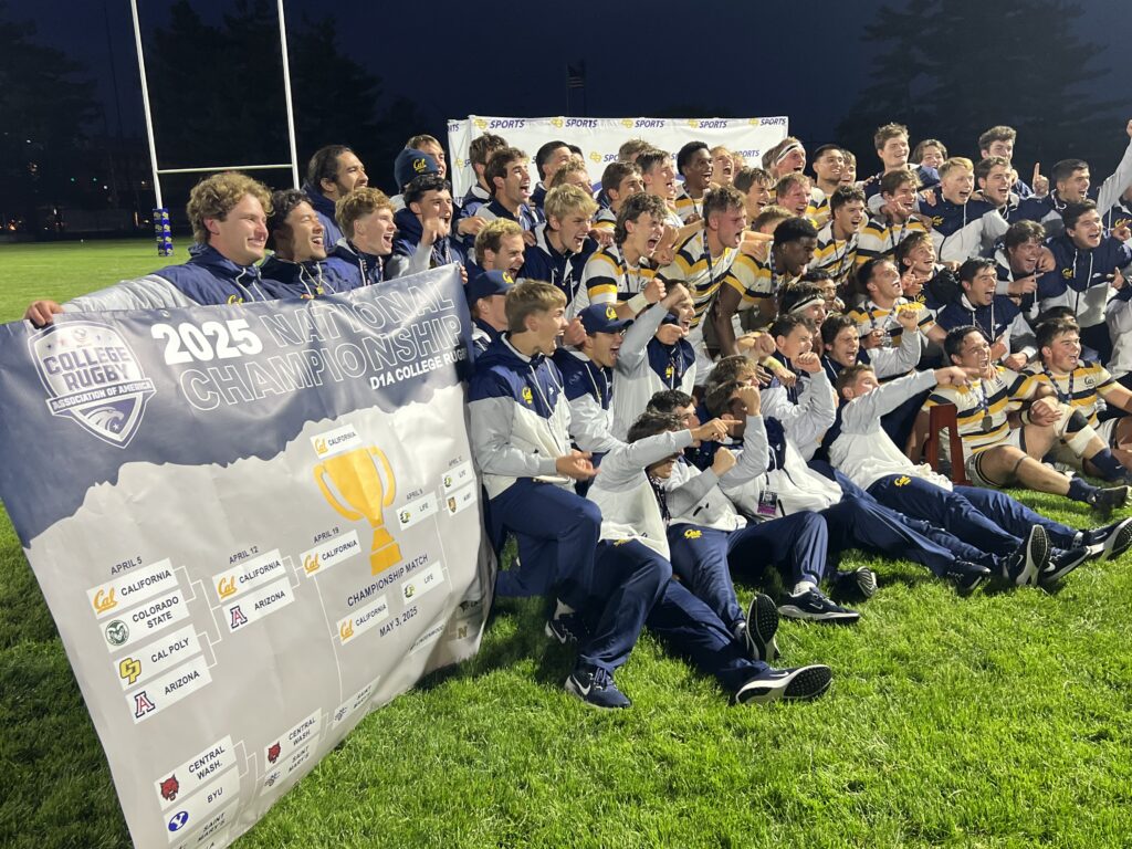 The Cal rugby team celebrates its championship in Indianapolis on Saturday, May 10, 2025